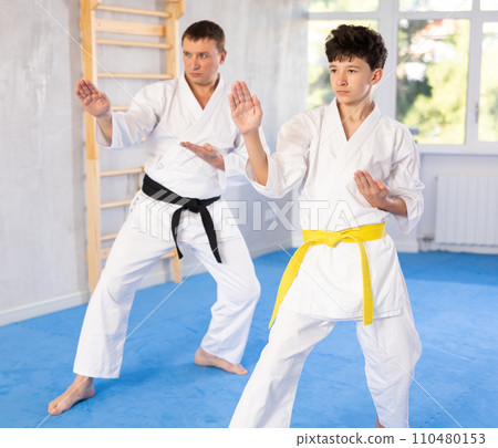 Karate trainer teaching block and punches to teenager in the gym 110480153