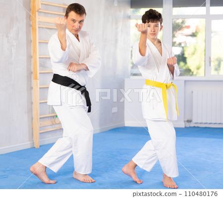 Karate trainer teaching block and punches to teenager in the gym 110480176