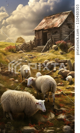 Sheep graze near the sheepfold Sheep graze near the sheepfold 110480303