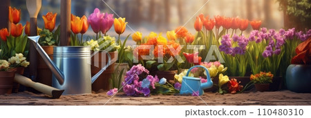 Beautiful colorful variety of spring and summer flowers in pots and a watering can on the patio, banner Beautiful colorful variety of spring and summer flowers in pots and a watering can on the patio, banner 110480310