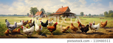 Chicken coop with chickens and roosters 110480311