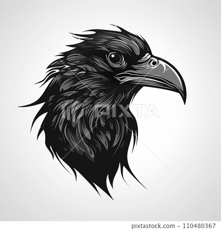 Angry black raven, logo, monochrome drawing, bird Icon, raven symbol, angry bird portrait, predator pictogram, for laser engraving 110480367