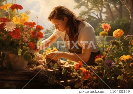 Gardener planting spring and summer flowers in his backyard, home decorating with flowers Gardener planting spring and summer flowers in his backyard, home decorating with flowers 110480369
