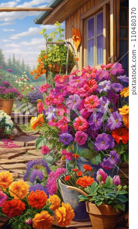 Beautiful colorful variety of spring and summer flowers in pots on the patio 110480370