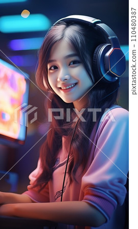Smiling Asian girl with headphones and microphone in a call center Smiling Asian girl with headphones and microphone in a call center 110480387