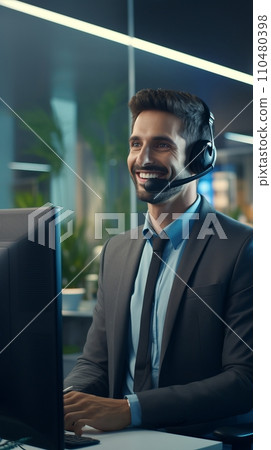 Smiling European man with headphones and microphone in call center 110480398