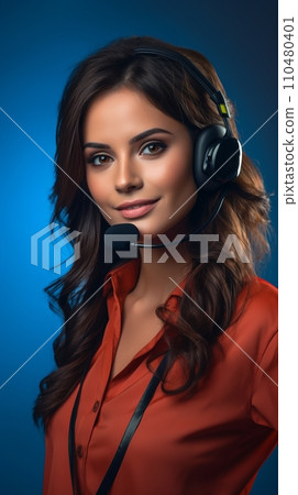 Smiling Latina girl with headphones and microphone in a call center 110480401