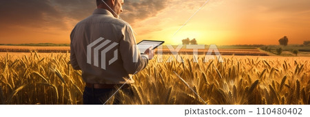 A male agronomist farmer with a digital tablet in the hands studies the quality of wheat harvest, modern technologies in agroindustry, banner A male agronomist farmer with a digital tablet in the hands studies the quality of wheat harvest, modern technologies in agroindustry, banner 110480402