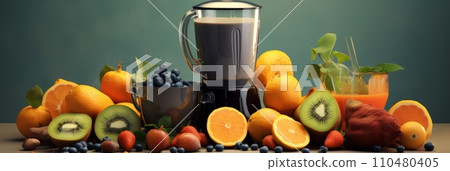 Mixer blender with fresh fruit on the table, making juice and smoothies from seasonal fresh fruit, banner, healthy drink and lifestyle Mixer blender with fresh fruit on the table, making juice and smoothies from seasonal fresh fruit, banner, healthy drink and lifestyle 110480405