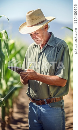 A male agronomist farmer with a digital tablet in the hands studies the quality of corn crop, modern technologies in agroindustry 110480406