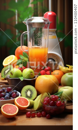Mixer blender with fresh fruit on the table, making juice and smoothies from seasonal fresh fruit, healthy drink and lifestyle Mixer blender with fresh fruit on the table, making juice and smoothies from seasonal fresh fruit, healthy drink and lifestyle 110480407
