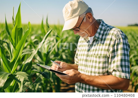 A male agronomist farmer with a digital tablet in the hands studies the quality of corn crop, modern technologies in agroindustry 110480408