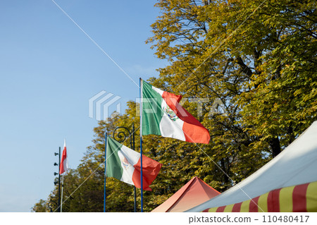 Two Italian flags waving over blue sky. High quality photo. Realistic view of the Italian flag in the street Two Italian flags waving over blue sky. High quality photo. Realistic view of the Italian flag in the street 110480417