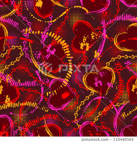 Valentines day neon fluorescent pattern with outline hearts, bead strings, paint smudge, paint brush strokes, halftone shapes. Grunge texture 110480565