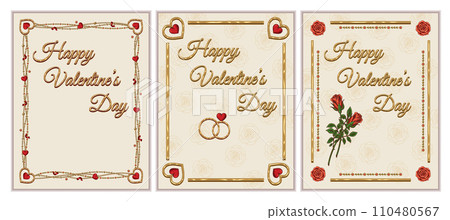 Vintage gold frames with heart, roses, golden jewelry chains, copy space on white background. Valentines Day holiday. Template for greeting card, menu, poster, invitation, prints Letter paper size 110480567