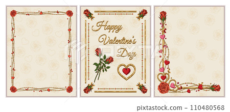 Vintage gold frames with heart, roses, golden jewelry chains, copy space on white background. Valentines Day holiday. Template for greeting card, menu, poster, invitation, prints Letter paper size Vintage gold frames with heart, roses, golden jewelry chains, copy space on white background. Valentines Day holiday. Template for greeting card, menu, poster, invitation, prints Letter paper size 110480568
