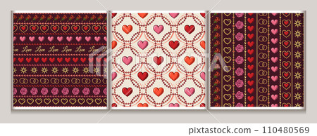 Valentines day seamless pattern with holiday objects and symbols, strings of beads. Geometric pattern with stripes, circles. Vintage illustration for prints, wrap, wrapping paper 110480569