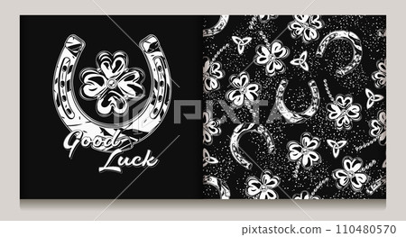 St Patricks day label, seamless pattern with trefoil, lucky shamrock, Triskele Celtic knot, horseshoe amulet, text Good Luck. Vintage black and white festive illustrations on dark background St Patricks day label, seamless pattern with trefoil, lucky shamrock, Triskele Celtic knot, horseshoe amulet, text Good Luck. Vintage black and white festive illustrations on dark background 110480570