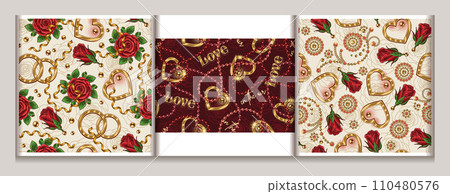 Valentines day seamless patterns with romantic symbols, roses, hearts, gemstones, bead strings. For wedding, engagement event, Valentines Day, gift decoration. Vintage style. Valentines day seamless patterns with romantic symbols, roses, hearts, gemstones, bead strings. For wedding, engagement event, Valentines Day, gift decoration. Vintage style. 110480576