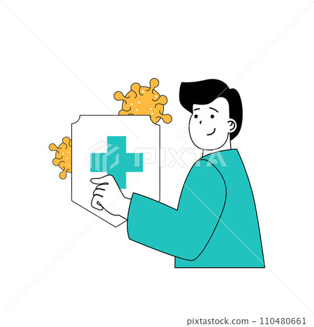 Coronavirus concept with cartoon people in flat design for web. Man protecting health with vaccination and stopping virus spread. Vector illustration for social media banner, marketing material. 110480661