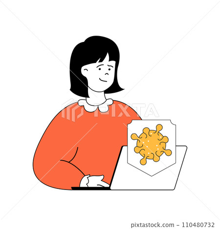 Coronavirus concept with cartoon people in flat design for web. Woman protecting health from virus ill, staying home and work online. Vector illustration for social media banner, marketing material. 110480732