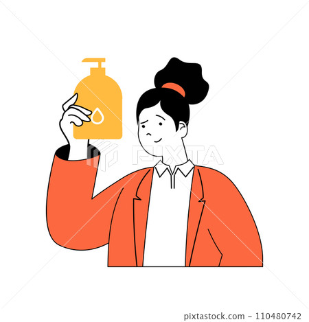Coronavirus concept with cartoon people in flat design for web. Woman using antiseptic gel for washing hands and prevention disease. Vector illustration for social media banner, marketing material. Coronavirus concept with cartoon people in flat design for web. Woman using antiseptic gel for washing hands and prevention disease. Vector illustration for social media banner, marketing material. 110480742