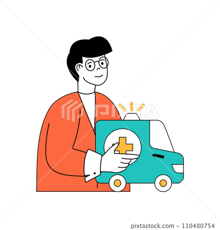 Coronavirus concept with cartoon people in flat design for web. Man works as paramedic in ambulance car and treating illness patients. Vector illustration for social media banner, marketing material. Coronavirus concept with cartoon people in flat design for web. Man works as paramedic in ambulance car and treating illness patients. Vector illustration for social media banner, marketing material. 110480754