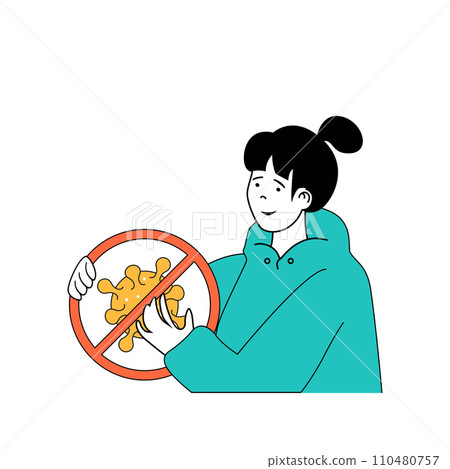 Coronavirus concept with cartoon people in flat design for web. Woman fighting infection and trying to stop virus bacteria spreading. Vector illustration for social media banner, marketing material. 110480757