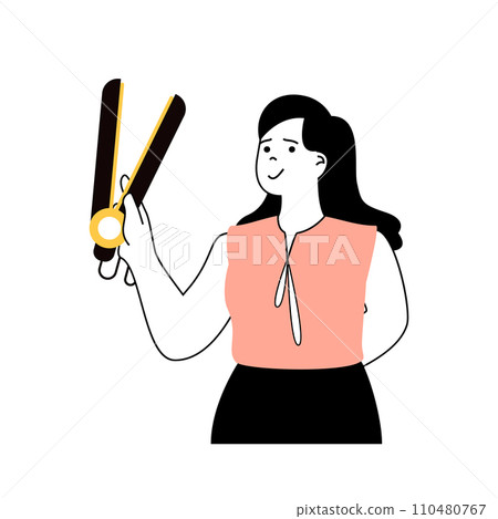 Beauty salon concept with cartoon people in flat design for web. Woman with curling tongs doing hairstyle makeover to client at studio. Vector illustration for social media banner, marketing material. 110480767