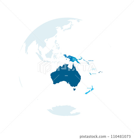Political map of Australia. Blue colored land with country name labels on white background. Ortographic projection. Vector illustration Political map of Australia. Blue colored land with country name labels on white background. Ortographic projection. Vector illustration 110481073