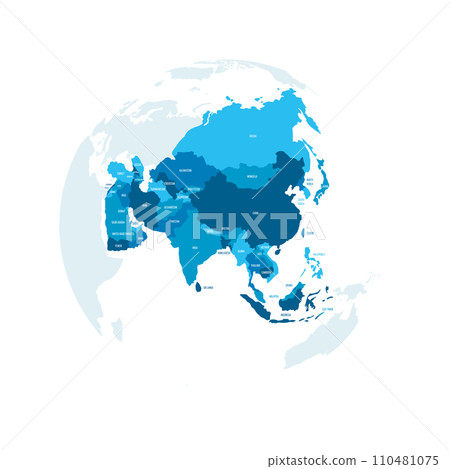 Political map of Asia. Blue colored land with country name labels on white background. Ortographic projection. Vector illustration 110481075