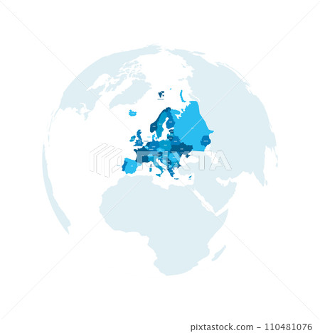Political map of Europe. Blue colored land with country name labels on white background. Ortographic projection. Vector illustration 110481076