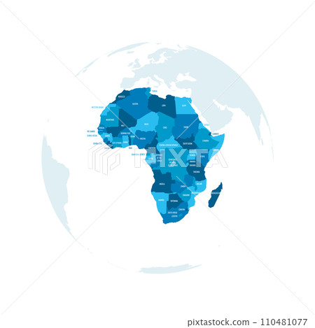 Political map of Africa. Blue colored land with country name labels on white background. Ortographic projection. Vector illustration 110481077