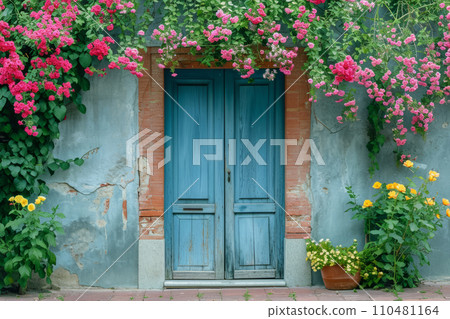Front door surrounded by flowers. Generative AI 110481164