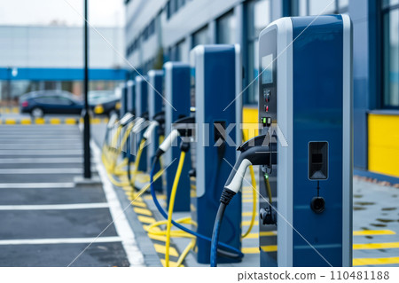 Modern fast chargers for charging electric vehicles at the parking. Generative AI 110481188