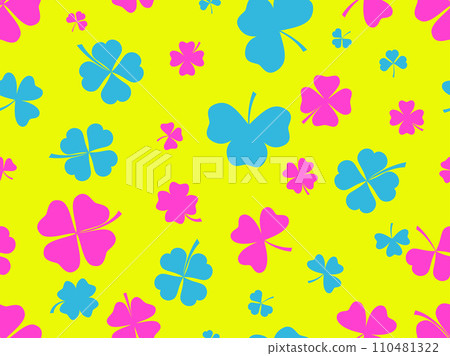 Seamless pattern with clovers for St. Patrick's Day. Multi-colored four-leaf and three-leaf clover leaves. Background for printing on paper, advertising materials and fabric. Vector illustration 110481322