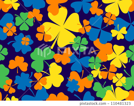 Seamless pattern with clovers for St. Patrick's Day. Multi-colored four-leaf and three-leaf clover leaves. Background for printing on paper, advertising materials and fabric. Vector illustration 110481323