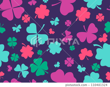 Seamless pattern with clovers for St. Patrick's Day. Multi-colored four-leaf and three-leaf clover leaves. Background for printing on paper, advertising materials and fabric. Vector illustration 110481324