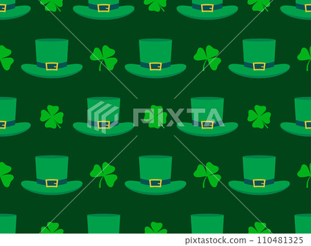 Seamless pattern with clover leaves and Leprechaun hat. Happy St. Patrick's Day. Four-leaf and three-leaf clovers are green. Background for wallpaper and banner. Vector illustration 110481325