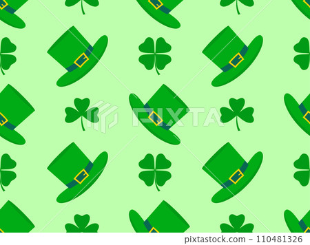 Seamless pattern with clover leaves and Leprechaun hat. Happy St. Patrick's Day. Four-leaf and three-leaf clovers are green. Background for wallpaper and banner. Vector illustration 110481326