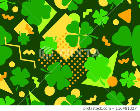 Seamless pattern with clover and geometric shapes in 80s Memphis style. St. Patrick's Day background with green four-leaf and three-leaf clovers for good luck. Vector illustration 110481327
