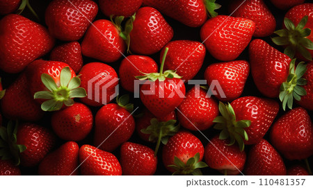 AI-generated content. Fresh ripe strawberries background. Top down view, close up 110481357
