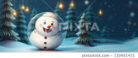 AI-generated content. Festive Snow Globe Souvenir: A Cheerful Snowman Amidst a Winter Forest and Falling Snowflakes, Ideal for Christmas Concepts, Copy Space. 110481431