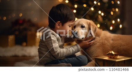 AI-generated content. Little boy and his dog in evening near Christmas tree AI-generated content. Little boy and his dog in evening near Christmas tree 110481466