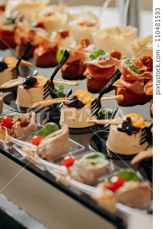 Assortment of delicious snacks on the open buffet festive table in restaurant. Catering plate Assortment of delicious snacks on the open buffet festive table in restaurant. Catering plate 110481593