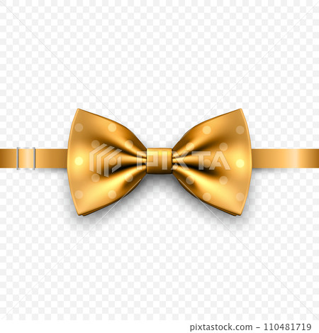 Vector 3d Realistic Yellow Golden Bow Tie Icon Closeup Isolated on White Background. Silk Glossy Bowtie, Tie Gentleman. Mockup, Design Template. Bow tie for Man. Mens Fashion, Fathers Day Holiday 110481719
