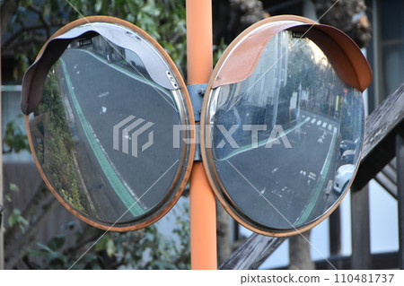 Winter residential area reflected in curved mirror Winter residential area reflected in curved mirror 110481737