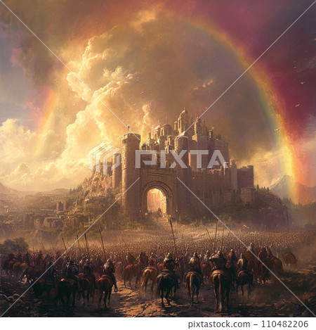 [AI-generated image/AI illustration] Triumphant return to the rainbow-covered castle town 110482206