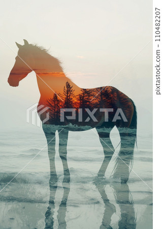 [AI-generated image/AI illustration] Horses on the seaside that see through the scenery, modern art 110482207