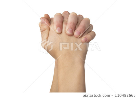 Human hand holding each other isolated on white background with 110482663